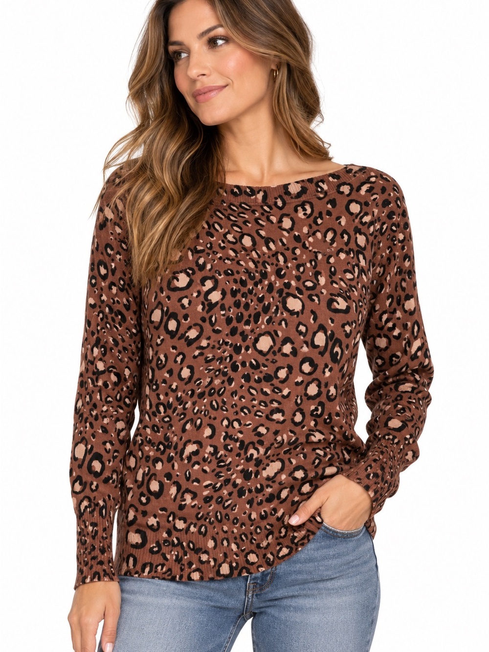 le chateau Rose Brown Leopard Print Knit Top Size Large